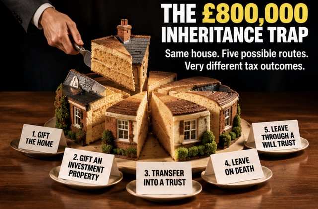 A house cut like a cake into five slices labelled: 1 Gift the home, 2 Gift an investment property, 3 Transfer into a trust, 4 Leave on death, 5 Leave through a will trust. Headline: The £800,000 inheritance trap.